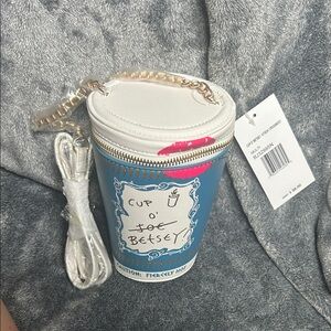 Betsey Johnson Blue and White Coffee Cup Bag